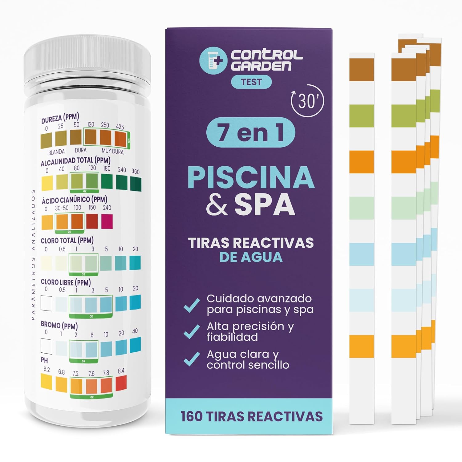 160 Tiras pH Reactivas de Prueba 7 en 1 | Test Piscina y Spa | Medidor pH, Cloro Libre y Total, Bromo, Alcalinidad, Dureza, Ácido Cianúrico Agua Baño | Análisis 30 s | Control Preciso