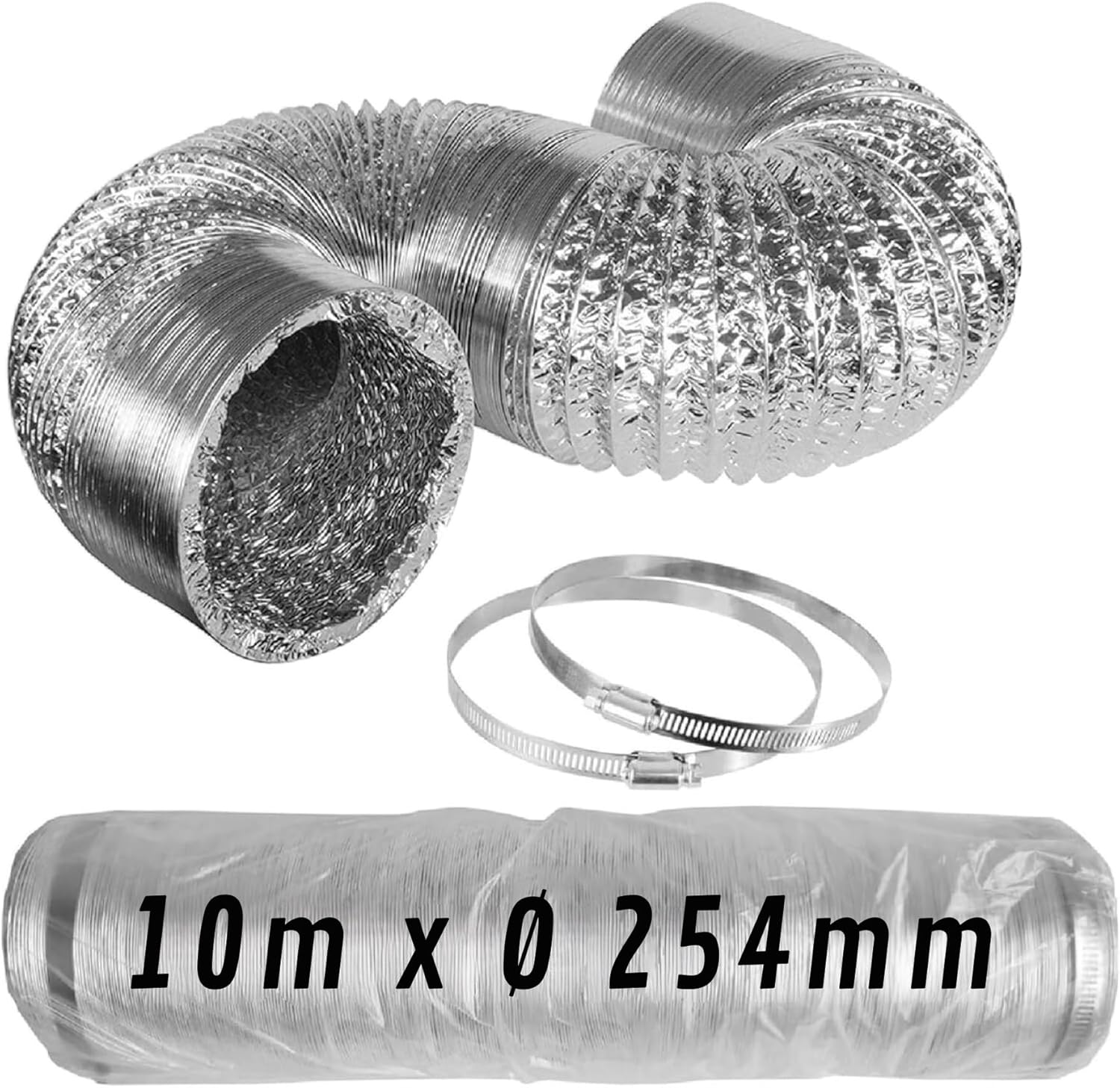 Tubo Flexible de Aluminio Plateado Ø 254 mm 10 m con Abrazaderas – Conducto de Aire para Ventilación y Extractores