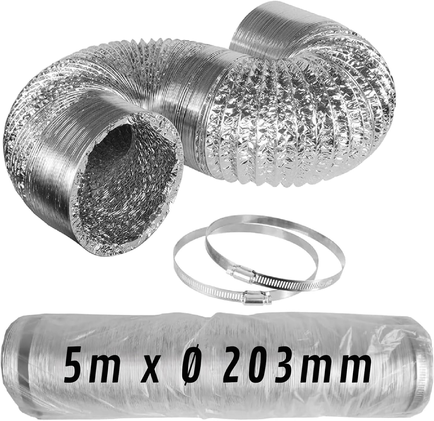 Tubo Flexible de Aluminio Plateado Ø 203 mm 5 m con Abrazaderas – Conducto de Aire para Ventilación y Extractores