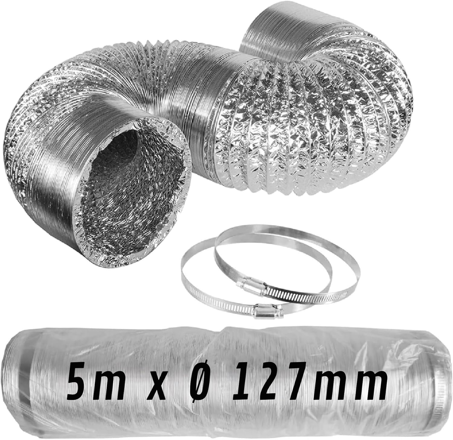 CONTROL GARDEN Tubo Flexible de Aluminio Plateado Ø 127 mm 5 m con Abrazaderas – Conducto de Aire para Ventilación y Extractores