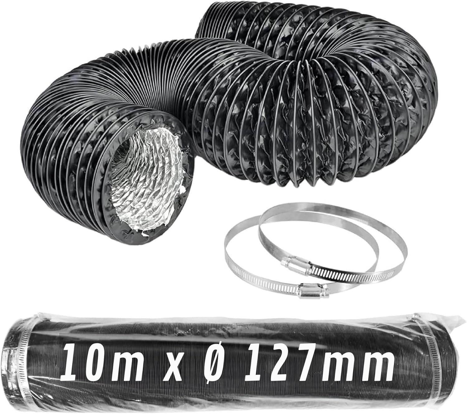 Tubo Flexible de Aluminio Negro Ø 127 mm 10 m con Abrazaderas – Conducto de Aire para Ventilación y Extractores