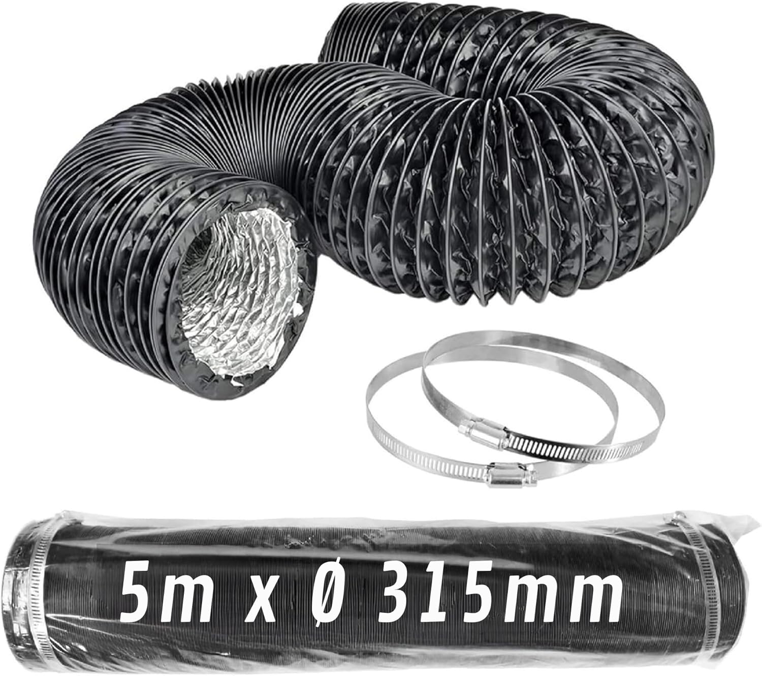 Tubo Flexible de Aluminio Negro Ø 315 mm 5 m con Abrazaderas – Conducto de Aire para Ventilación y Extractores