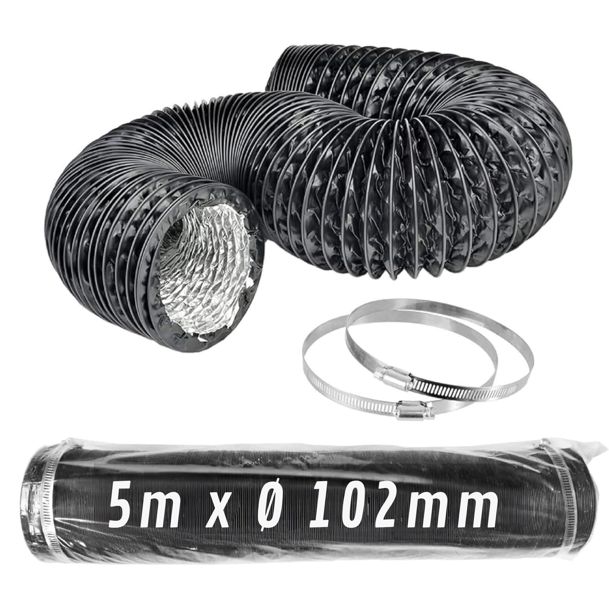 Tubo Flexible de Aluminio Negro Ø 102 mm 5 m con Abrazaderas – Conducto de Aire para Ventilación y Extractores