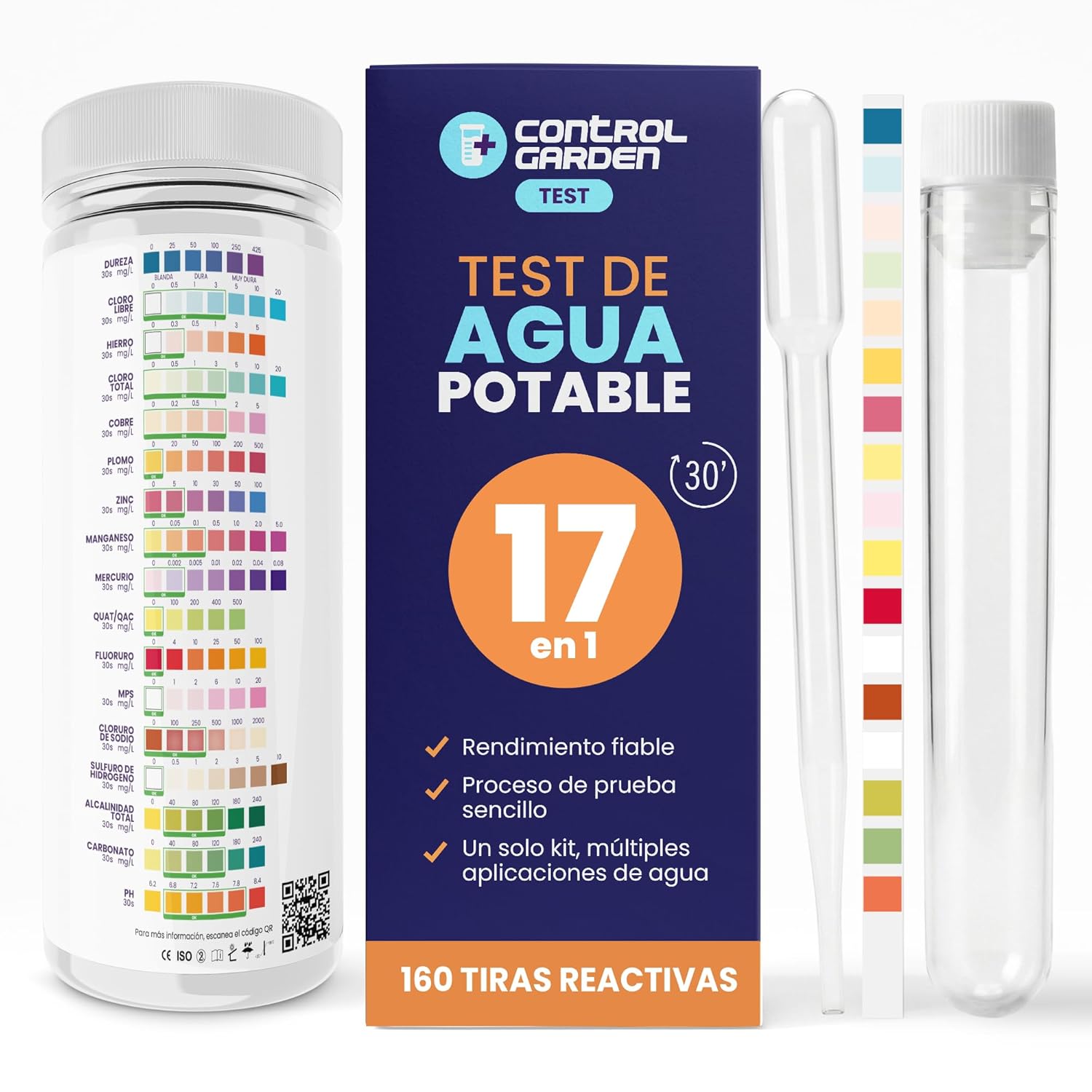 Test Agua Potable 17 en 1 | 160 Tiras Reactivas | Análisis Completo pH, Dureza, Cloro, Metales Pesados y Más | Resultados en 30s | Kit Profesional para Agua de Grifo, Pozo y Ósmosis